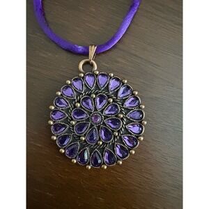 Robert Rose Purple Rhinestones Flower Pendant Cord Necklace Bronze Tone Vintage